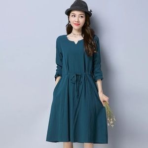 Linen summer casual dress green nwot pockets